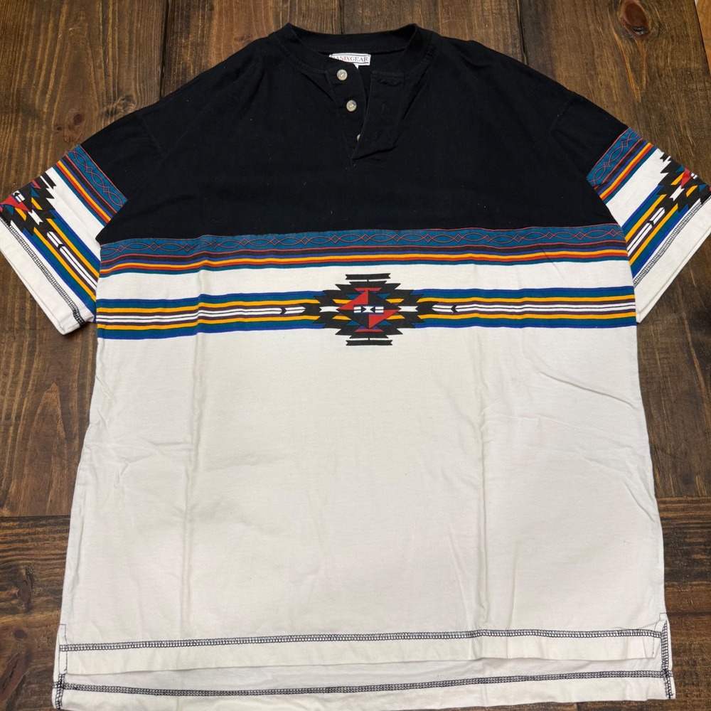 Basixgear Mens Vintage Southwestern Tribal Henley Shirt Black White Large Cotton